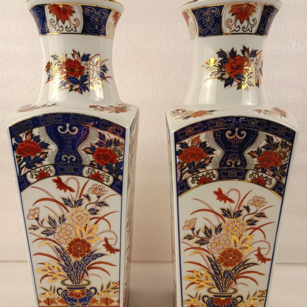 Pair of 12" Imari Style Porcelain Vases Floral & Gold Design
